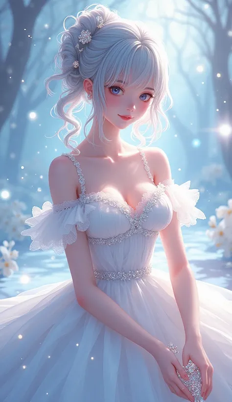 A very beautiful anime style girl super ultra HD 8k high quality resolution "Create a visually stunning and ethereal fantasy character in a delicate, flowing white gown adorned with shimmering jewels and delicate lace. Her silver hair is styled in an elega...
