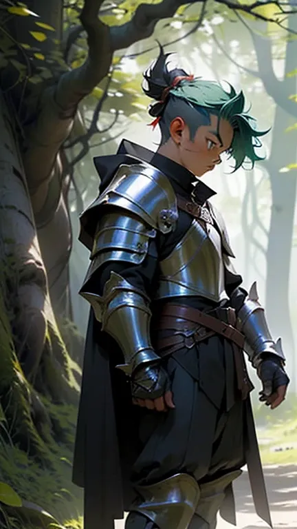 Male, forest gnome, young, short stature, skinny, small, short blue hair, leather armor, (dragon skull pauldron armor), black cloak, dark green clothes, sword, fantasy, outdoors, dynamic pose, full body
