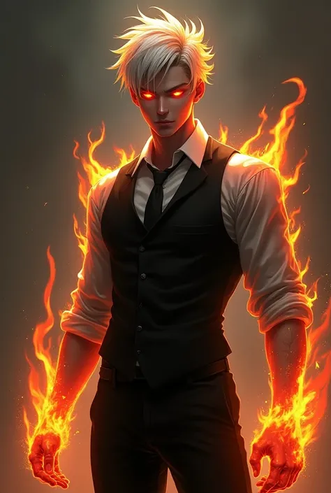 A caucasian white man with short flaming (like Mavuika from Genshin) side-parted hair (like Midas from Fortnite), a slim but fit build, a white button up shirt curled up to just above his elbows, black tie, vest, shoes, and black pants. He has eyes with a ...