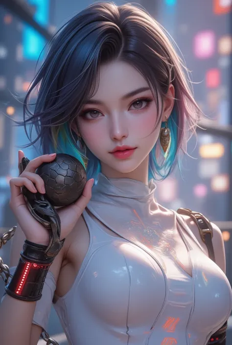 new character from League of Legends, 1 super baby face lady, glossy silky disheveled rainbow short hair, makeup, cortesy, elegance, dignity, crazy smile, evil smile, thin flat slender body line, wearing shiny glossy glitter white bodysuit and combat unifo...