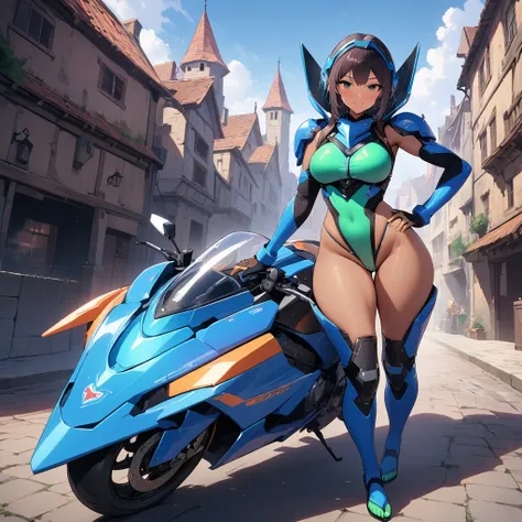 one woman has a perfect figure ,dark skin tone, female anime character in a futuristic suit piloting a spaceship in a motorcycle...