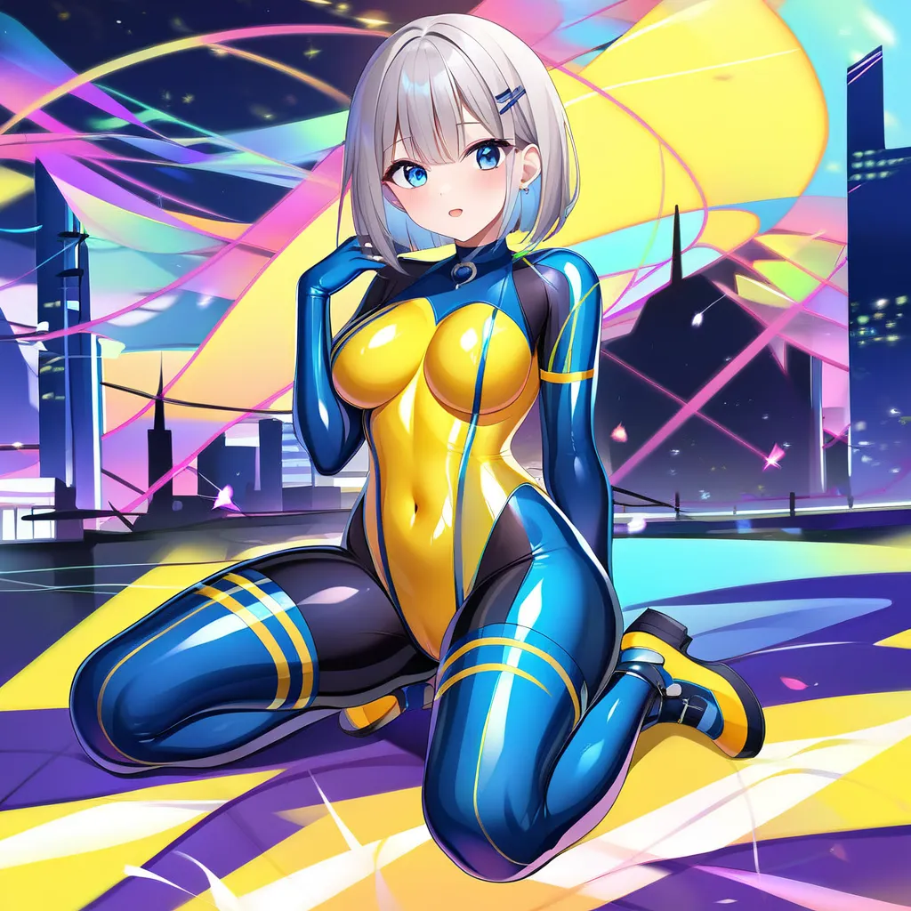 (Multiple girls),(最High image quality, 8k, masterpiece:1.3), (24 years old:1.5), (Grey Hair), ( bob cut ), (Oblique sky blue eyes), (( full body rubber suit 、blue、yellow line、colorful、no zipper 、rubber suit glossy 、Perfect fit、Full body shot、 look at this ...