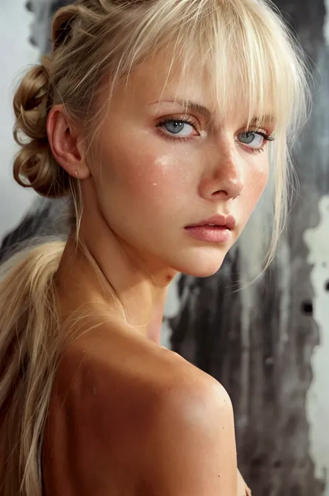 The most Beautiful Woman in the world, woman is completely naked, She is a top model. She has straight blonde hair and  bangs, (bun hair), gray eyes, and flawless white skin, skinny, ((white skin:0.9)), (sweaty skin),  Sweaty, Try different angles and pers...