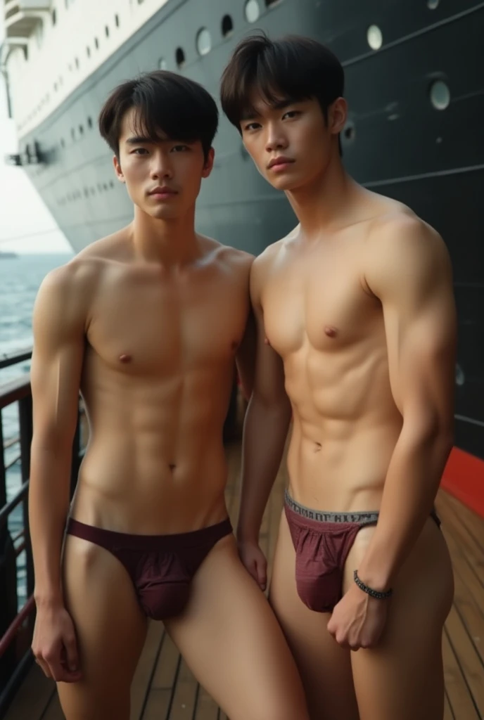 Real photo、アイドルLike顔の日本人男性、Two extremely handsome guys、Movie「Titanic」Like、アイドルLike顔の二人、Two Japanese male college students 、 Staring at the Audience、 erotic 、Amazing muscles、(((Naked Man))), (((１８age, slim, Muscular, fit, ))), (((引き締まった Six Pack Abs ))), ((...