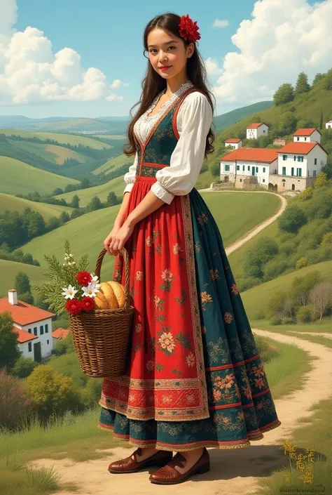 
**Drawing Prompt:**

Draw a young woman wearing a traditional Portuguese outfit. She should have a white long-sleeved blouse with delicate lace and embroidery details. Over the blouse, she wears a black or red vest adorned with traditional embroidery. The...