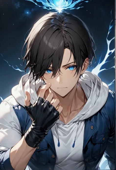 (masterpiece,  best quality:1.2), dark haired young man"Asuka", clothing:  white hoodie with blue jacket, Black Leather Fingerless Drivers Glove ,  upper body focus ,  Bust Up Shot,simple background with a starry sky on one side, The act of retightening th...