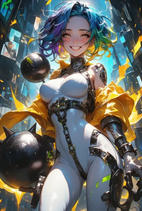 new character from League of Legends, 1 super baby face lady, glossy silky disheveled rainbow short hair, makeup, cortesy, elegance, dignity, crazy smile, evil smile, thin flat slender body line, wearing shiny glossy glitter white bodysuit and combat unifo...