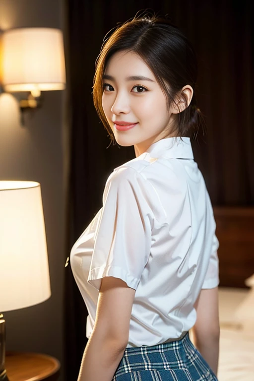 (a stunning korean lady at night, natural poses in bedroom, wearing a traditional serafuku, white button-down blouse, translucen...