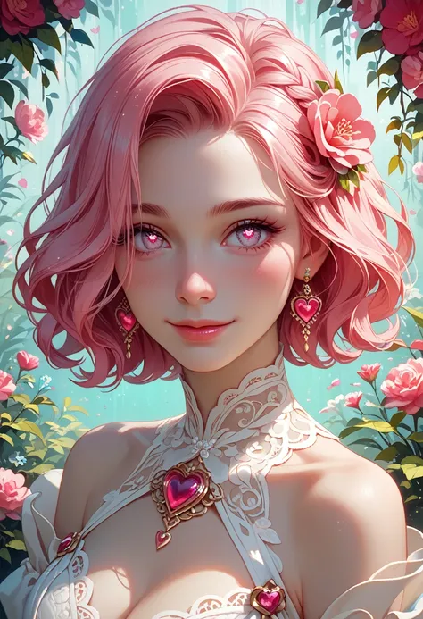 best quality,Amazing,masterpiece,delicate,ultra high res,ultra detailed,intricate detail,beautiful detailed,finely detailed,8K,sharp focus,(extremely detailed CG unity 8k wallpaper),pink eyes,heart-shaped pupils,bright pupils,light blush,seductive smile,gl...