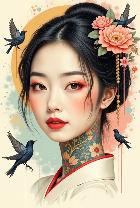 ((best qualityer)), ((work of art)), (detailded), ((perfect japanese face)), surreal, art nouveau, sparrows, fancy, sci-fi, line...