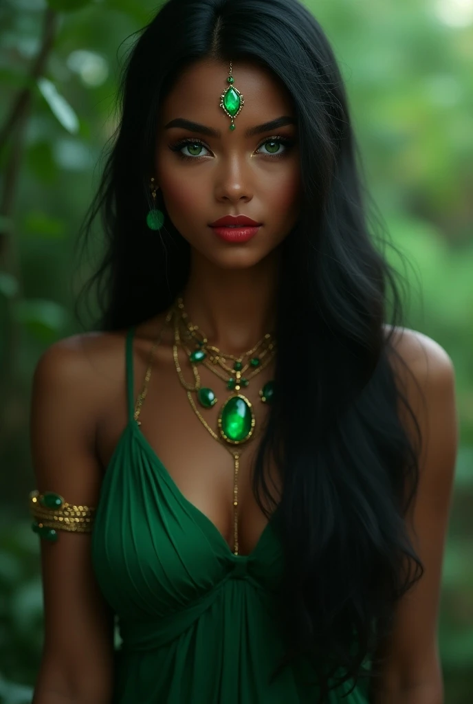 very very beautiful woman, green eyes, very long hair,  hair combed back ,  straight-cut  ,  green stone on forehead ,  red lip gloss stick,  green gypsy dress , bare feet, Dark-skinned skin ,  emerald jewelry on dress ,  gold necklace with emerald ,  gold...