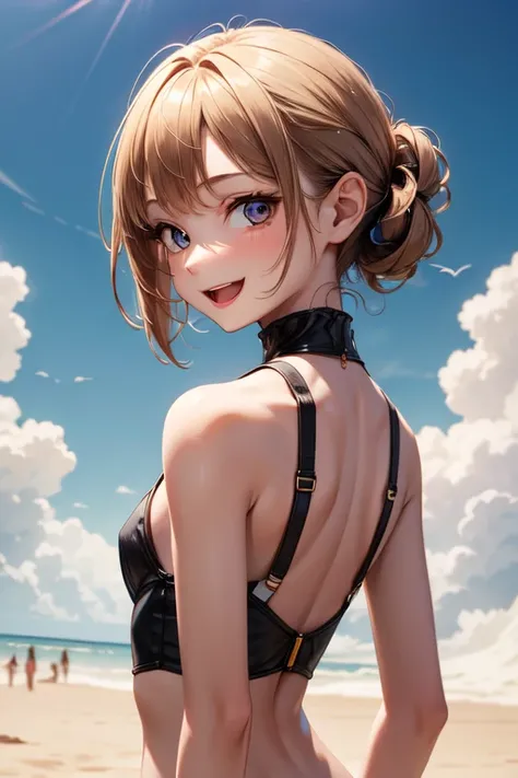 Extremely young girl , extremely small and fragile body, upper body , back to the viewer ,  looking back ,  looking at the viewer  ,  look provocative , flat hands ,  slightly open mouth smiling 