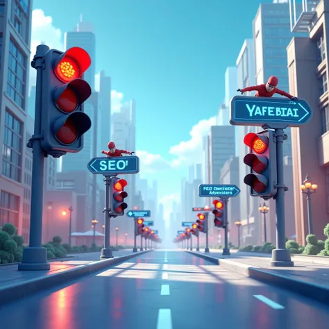 3D art style Generate an image of traffic lights and signs guiding digital visitors to a website, with different signs labeled SEO, social media, and paid ads.