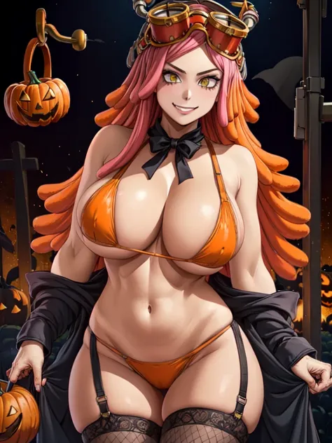 MeiS2, Pink hair, Goggles on head, Symbol-shaped pupils, Yellow eyes, medium hair, gigantic breasts, cleavage, (((halloween themed, orange clothing colour))), micro bikini, lingerie, garter belts, stockings, 1girl, correct anatomy, BREAK, ((masterpiece, hi...