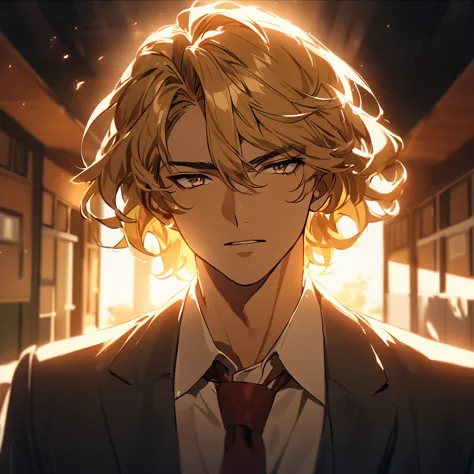  From front, handsome anime male, light skin, yellow hair, wavy hair, short hair, Indonesia highschool Uniform, On school, Warm lighting, Dramatic lighting, Cinematic, 4K quality, Beautiful scenery, 