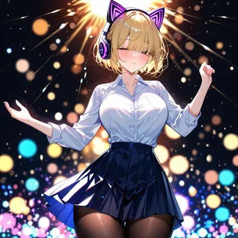 cowgirl shot, hair over eyes, pixie cut, cat ear headphones, cat ears, blushing, blonde hair, large chest, collared shirt, pleat...