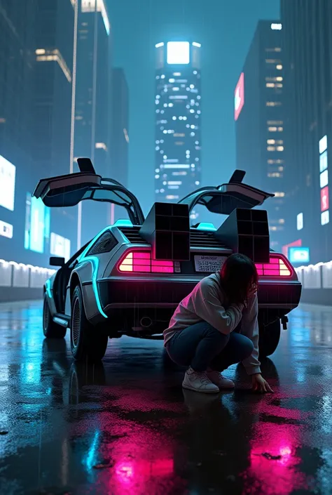 Do a Delorean from the movie and Back to the Future II in the rain on the dark night , Diagonal view ,  the rear has two speakers  , the paint reflects everything around it ,  cyberpunk style,  details of the car in neon blue ,  there is a 20-year-old girl...