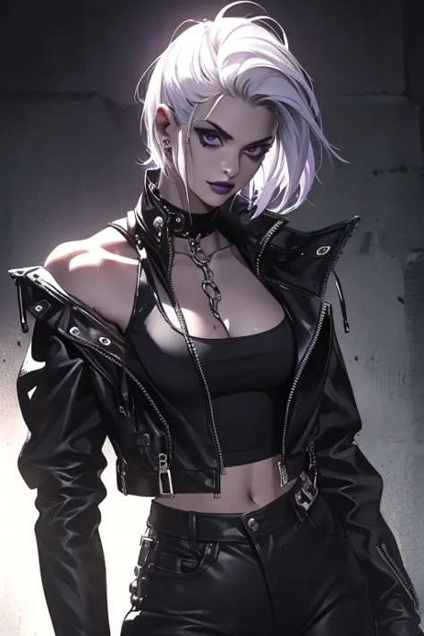 a punk girl, student, hooligan, short messy white hair, purple eyes, black punk clothes, punk, chains, black sleeveless top, bag...