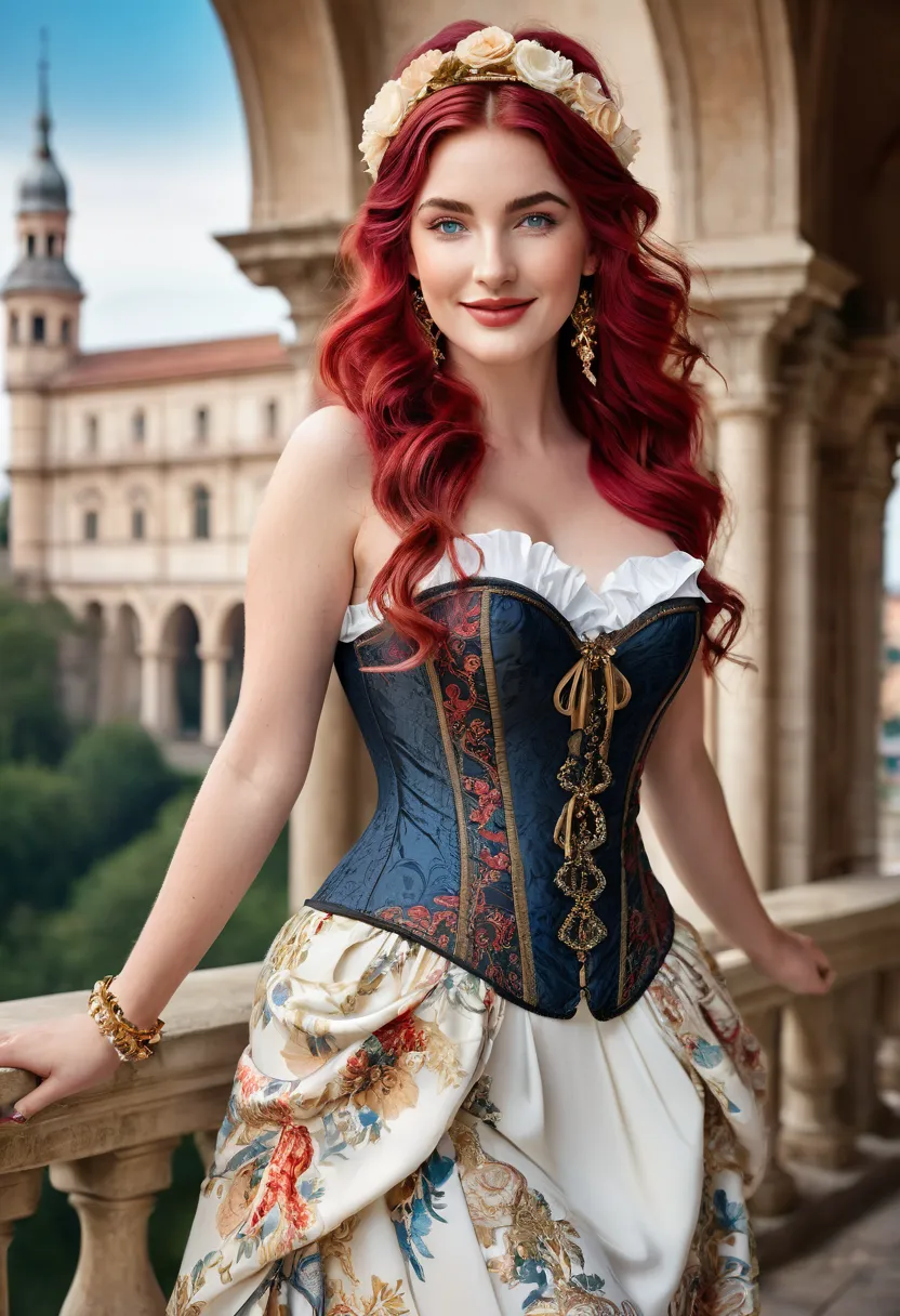 a young woman with vibrant red hair styled in loose waves, partially pinned up with a white, ruffled headband that gives her a c...