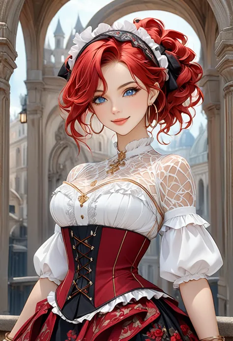 in the image, we see a young woman with vibrant red hair styled in loose waves, partially pinned up with a white, ruffled headba...