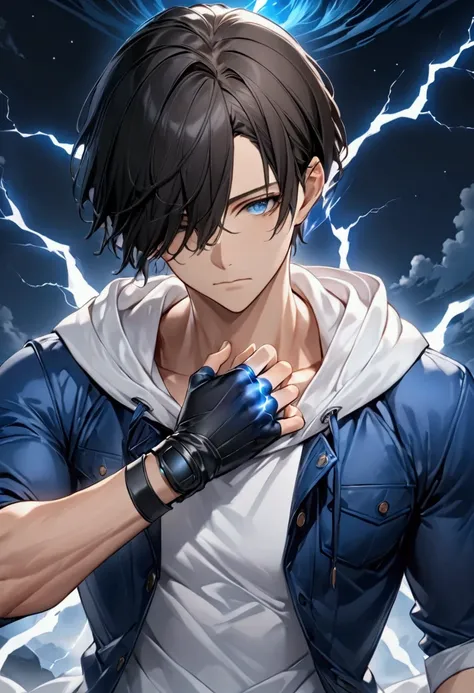 (masterpiece,  best quality:1.2), dark haired young man"Asuka", clothing:  white hoodie with blue jacket, Black Leather Fingerless Drivers Glove ,  upper body focus ,  Bust Up Shot,simple background with a starry sky on one side, The act of retightening th...