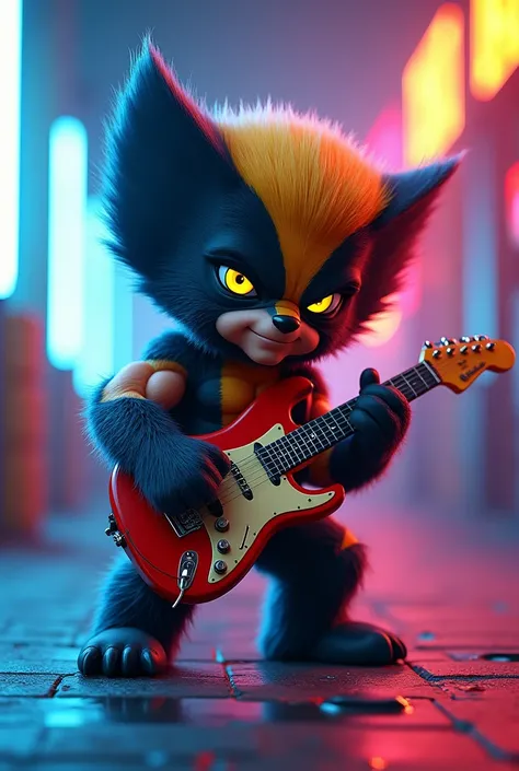 a chibi wolverine playing an electric guitar, vibrant colors, detailed fur texture, sharp claws, blue and yellow color scheme, dynamic pose, expressive facial features, glowing eyes, neon lights, surreal atmosphere, 4k, best quality, highly detailed, photo...