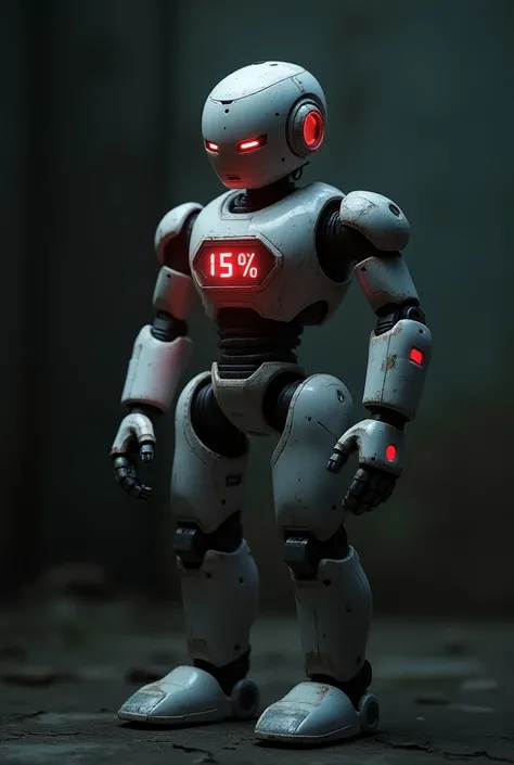 A humanoid robot stands with a 15% battery display glowing red on its chest, indicating low power. Its metallic body shows subtle signs of wear, with dim lights and a fatigued posture.

