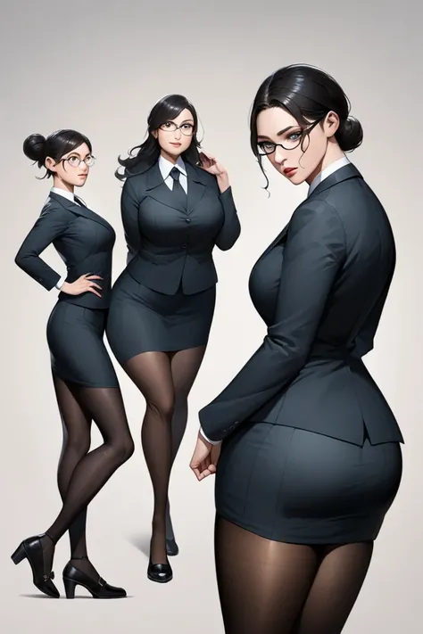 In a semi-realistic anime art style, a curvy mature woman with black hair tied back in a professional bun, wearing feminine business attire including a suit jacket, a knee-length skirt, and tights, wearing glasses, with a wistful look in her eyes, is stand...