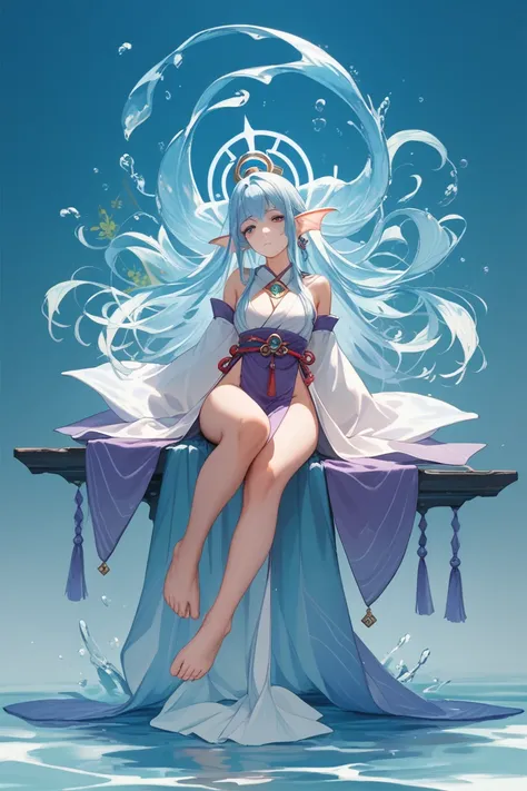 japanese girl, water goddess, white blue ish hair, sexy japanese priestess white dark blue and purple outfit, full body, bare feet, fin sleeves, fin ears