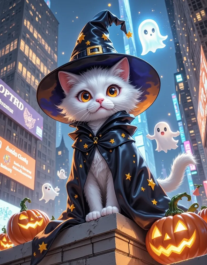 an image of a scribbled white cat head and a little ghost posing with a small ghost， wearing a halloween glowing pumpkin wizard ...