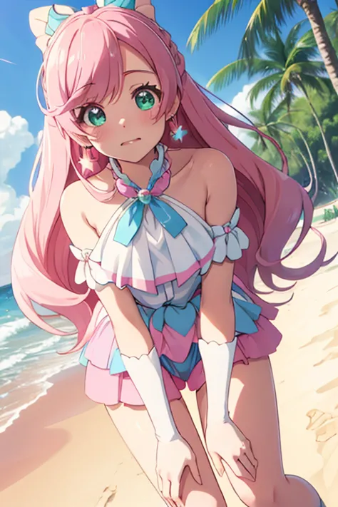 best quality, cure prism, pink hair, at the beach, lie on your back,  open crotch ,  small breasts, crying face,  mouth