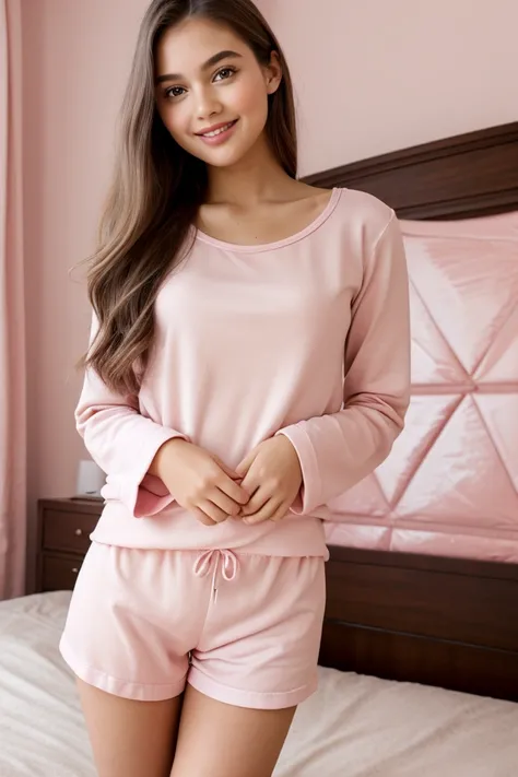  Im lying on the bed in the bedroom with elegant decoration in neutral tones, When I see   (Standing next to my bed ), A pretty girl from (  ),  with an innocent face ,  wearing pink pajamas with short shorts, looking at me, smiling 