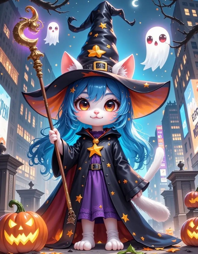 an image of a scribbled white cat head and a little ghost posing with a small ghost， wearing a halloween glowing pumpkin wizard ...