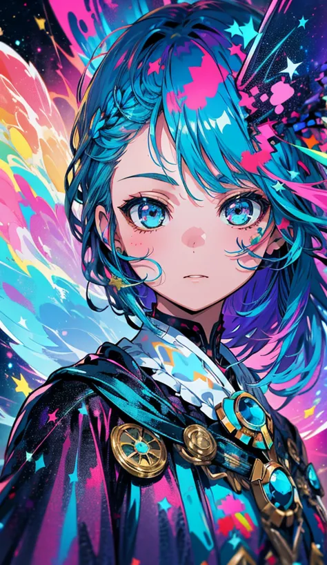 a girl with rainbow colored hair and detailed teal dress armor, standing, rainbow colored cosmic nebula background, stars, galax...