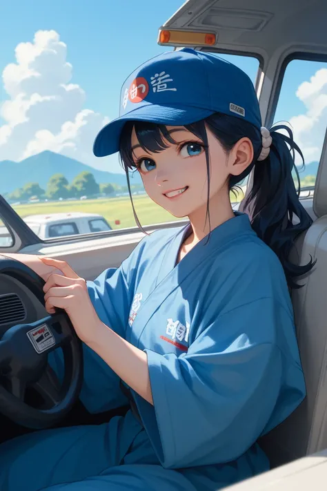 Japan人　 truck driver　Blue work clothes　Blue hat　　smile　blue sky　　Japan