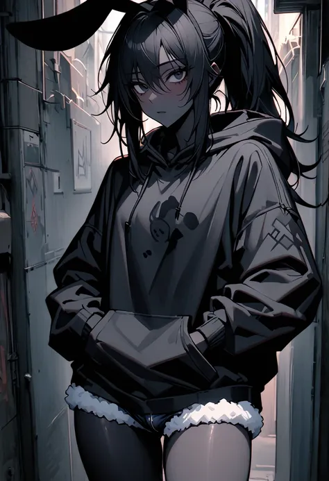 solo, male:1.1, femboy, pitch black skin, long hair, ponytail, black hair, black eyes, oversized hoodie, fur rimmed denim shorts...