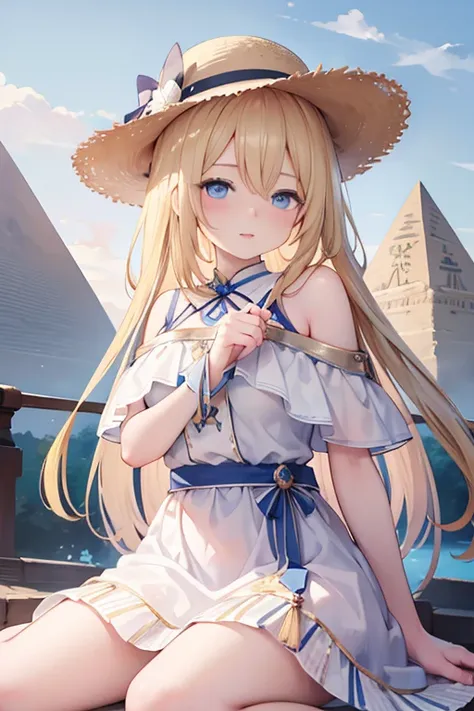 masterpiece, highest quality, High resolution, 1 、blue eyes、
blonde、Braid、White Dress、Straw hat、Egypt、In front of the pyramid