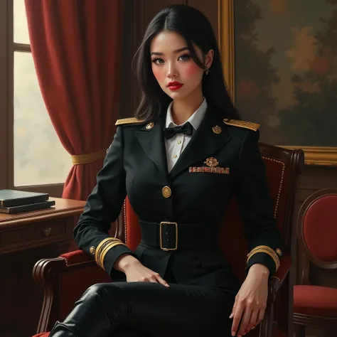 from afar,The pie,realistic oil painting,una hermosa mujer The 20 años,The rasgos europeos,The,  long, straight black hair  ,The ojos azules brillantes,  long eyelashes ,piel blanca The porcelana, blushed cheeks ,reddish lips, with a black military suit , ...