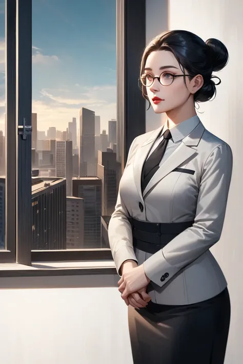 In a semi-realistic anime art style, a mature woman with black hair tied back in a professional bun, wearing a feminine business outfit including a suit jacket with no tie, skirt, tights, and glasses, stands upright in front of a window and is looking at a...