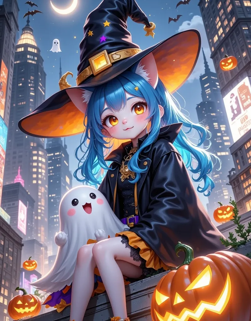 an image of a scribbled white cat head and a little ghost posing with a small ghost， wearing a halloween glowing pumpkin wizard ...