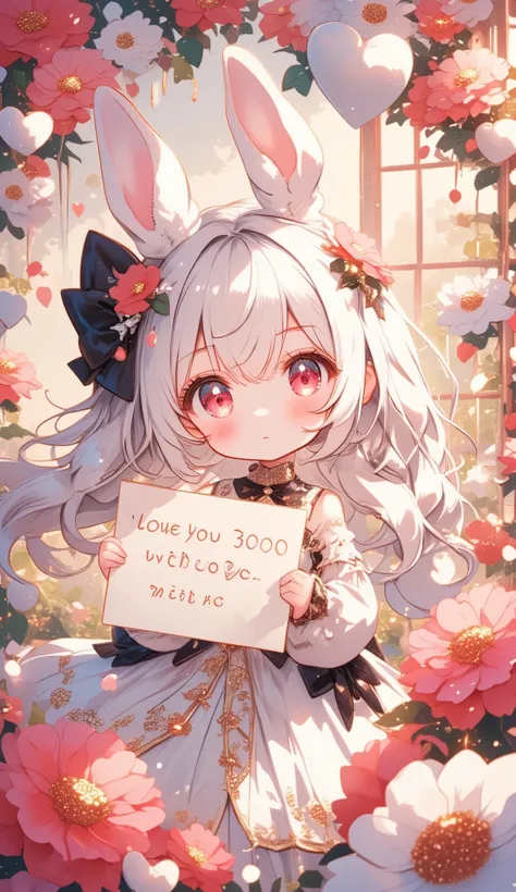 Cute anime-style chibi girl(red eyes,white rabbit ears, wearing pretty white dress embroidered with shiny white silk, luxuriously braided long white hair, big black hair bow) is holding out a cute letterhead written “OWE YOU 3000 WITH LOVE” to viewer.close...