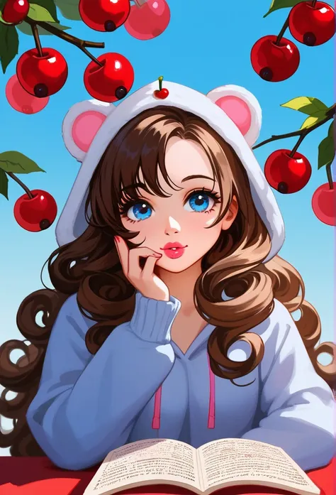 1 girl, What is reading ,  curly long hair, cherry brown hair,  blue eyes,  cherry pink lips , make up, oversize hoodie in pink, cute face