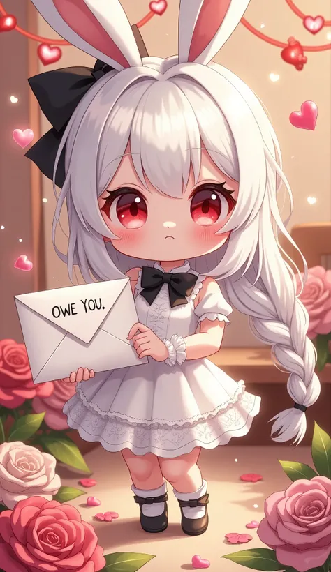 Cute anime-style chibi girl(red eyes,white rabbit ears, wearing pretty white dress embroidered with shiny white silk, luxuriously braided long white hair, big black hair bow) is holding out to viewer a cute envelope for love letter written “OWE YOU 3000 WI...
