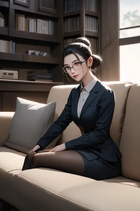 In a semi-realistic anime art style, a woman with black hair tied back in a professional bun, wearing a feminine business outfit including a suit jacket with no tie, skirt, tights, and glasses, sits comfortably on a couch in the living room of her domestic...