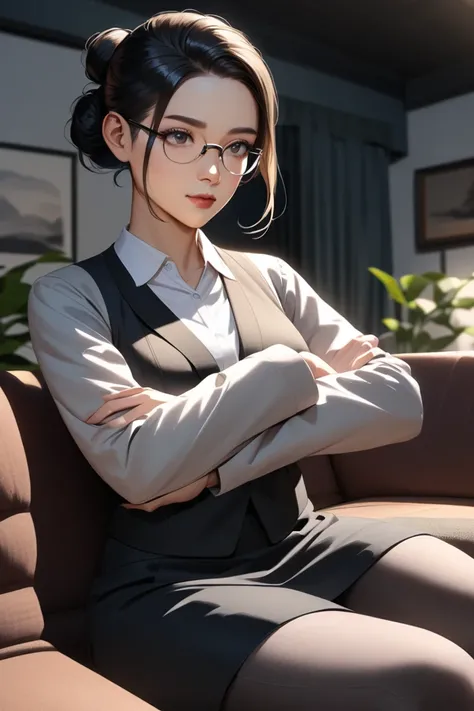 In a semi-realistic anime art style, a woman with black hair tied back in a professional bun, wearing a feminine business outfit including a suit jacket with no tie, skirt, tights, and glasses, sits comfortably on a couch in the living room of her domestic...