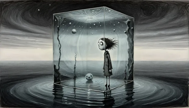 monochrome (pencil drawing). in tim burton's dreamlike vision, a person in a glass cube floating on a calm but dark sea. that pe...