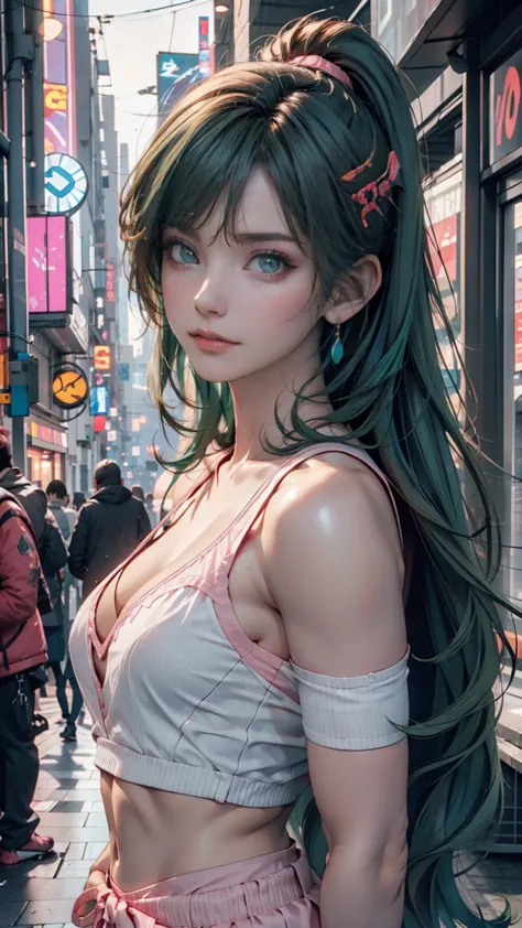 woman,   realistic characters ,   green hair、pink rock ,  blue eyes, anime, alone, 【contemporary,  cyberpunk