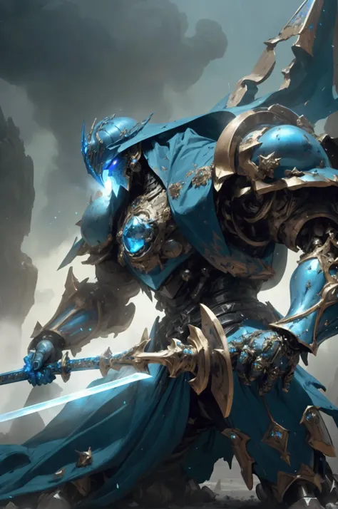 a powerful mechanical knight in large ornate armor, holding a massive blue-gemstone-encrusted sword in one hand, on a vast war-torn battlefield, cinematic dramatic lighting, epic fantasy, highly detailed, intricate mechanical design, glowing blue gemstones...