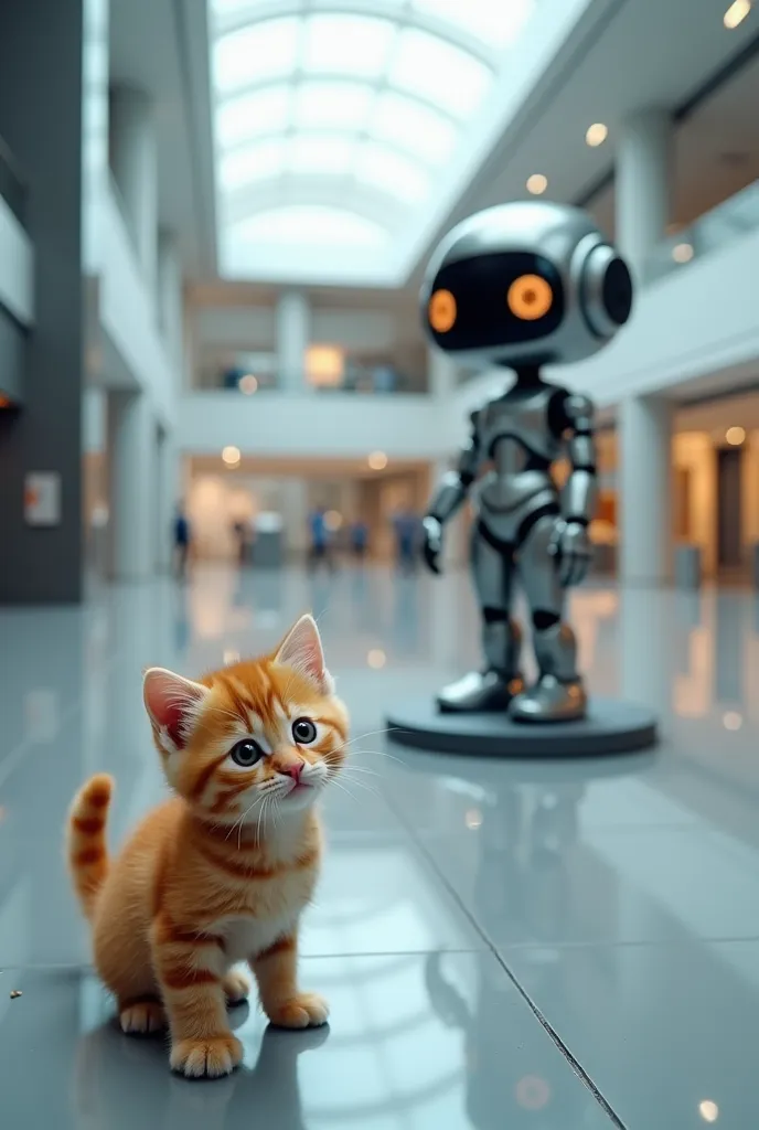 The cutest brown tiger kitten in the world visiting a museum where an android is stored、((Realistic:1.2))、Future