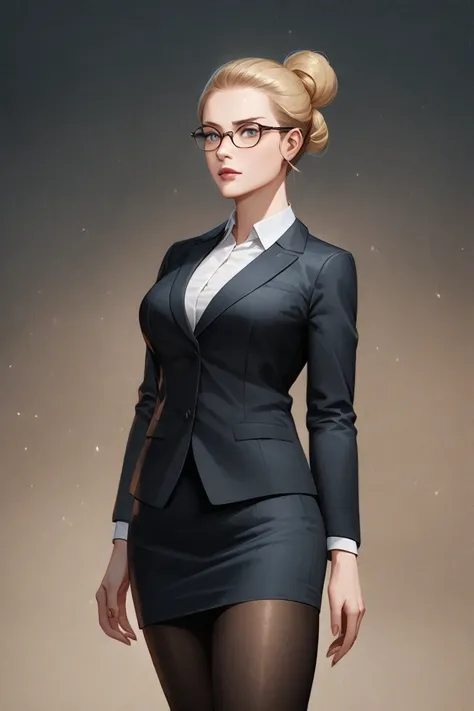 In a semi-realistic anime art style, a Caucasian woman with blonde hair tied back in a professional bun, wearing a feminine business outfit including a suit jacket with no tie, skirt, tights, and glasses, has a wistful look on her face.